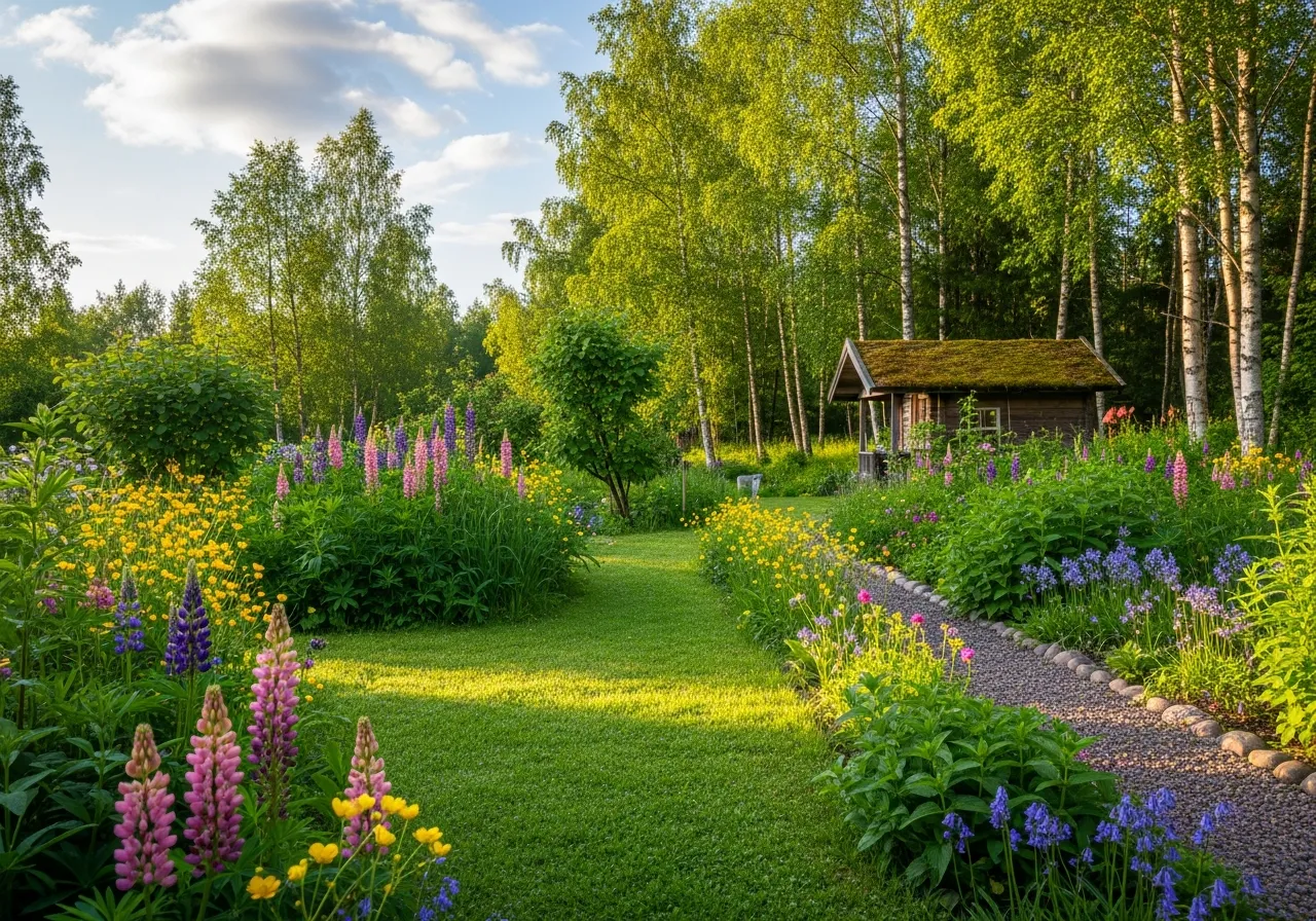 Suomalainen kesäpuutarha vehreän ruohon ja kukkivien kasvien ympäröimänä